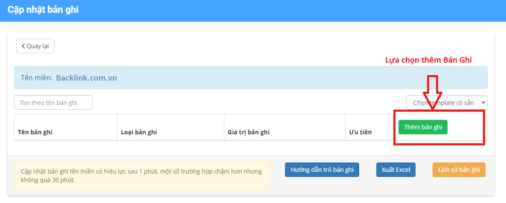 Chọn thêm bản ghi để thêm tên miền vào Blogger